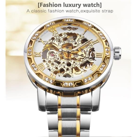 Retro Manual Mechanical Skeleton Watch with Diamond& Carving Flower, SilverWhite - Picture 3 of 6